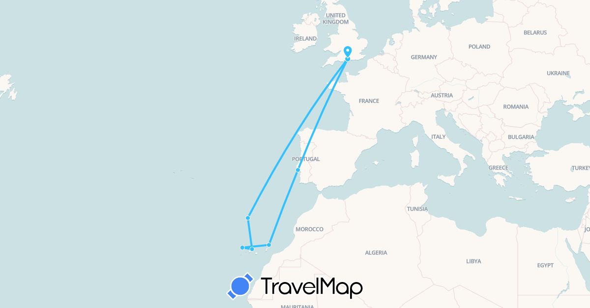 TravelMap itinerary: driving, boat in Spain, United Kingdom, Portugal (Europe)